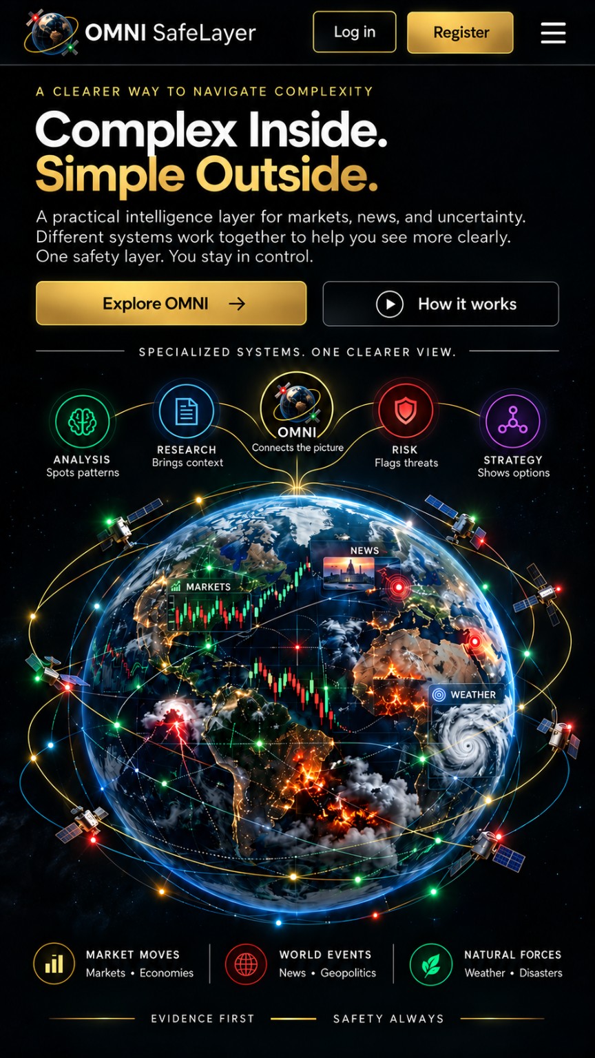 OMNI SafeLayer: a clearer way to navigate complexity. Analysis, research, global information, markets, news and weather are connected around Earth.